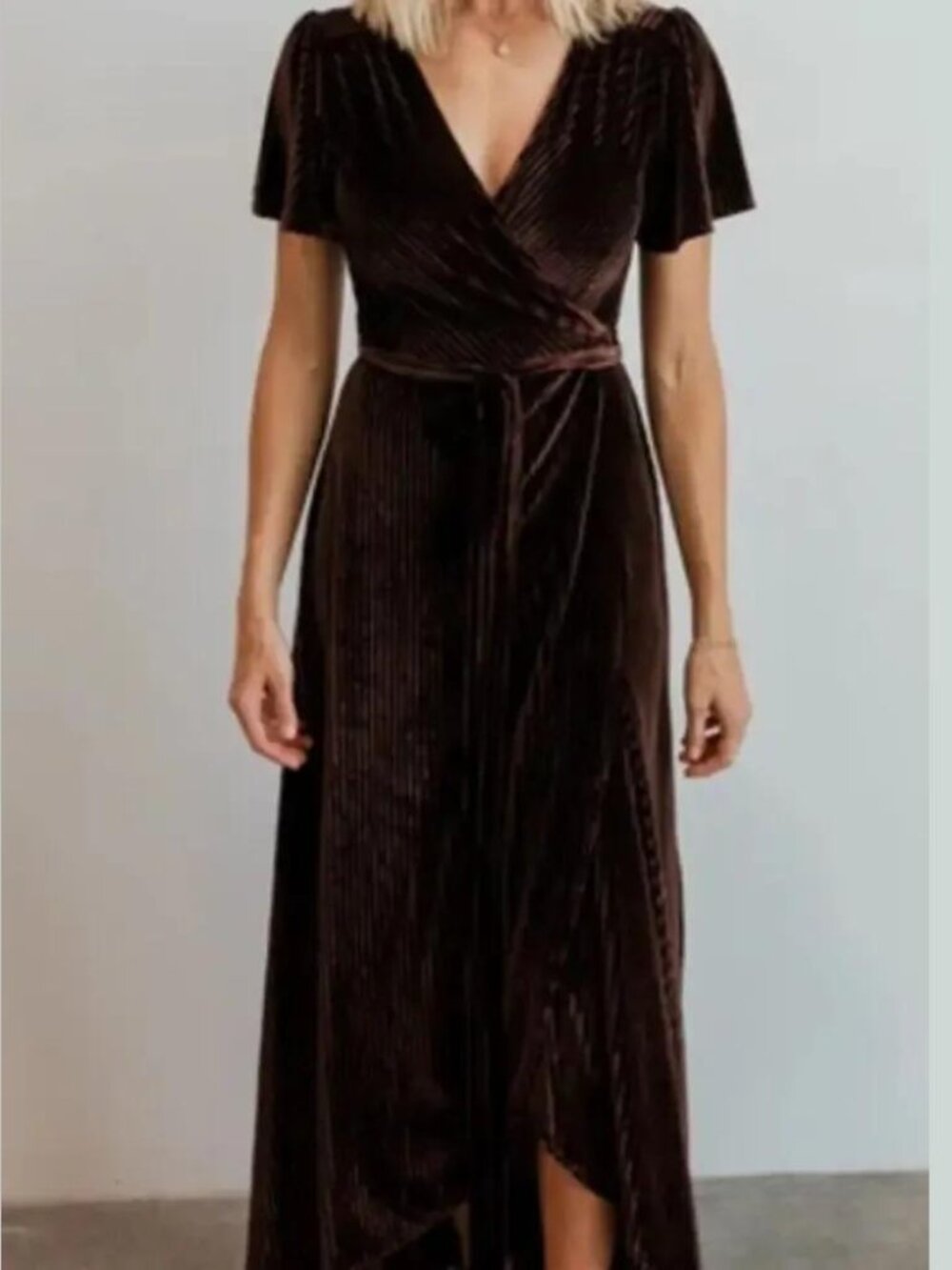 Baltic Born Andi brown ribbed stretch velvet wrap maxi dress flutter sleeve L